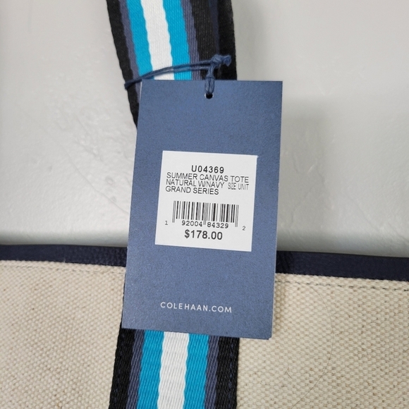Cole Haan NWT Summer Canvas Tote Natural Navy Grand Series Leather Trim - Picture 6 of 12